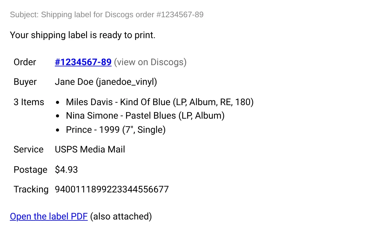 Label email showing order, buyer, items, USPS Media Mail postage, tracking and a link to the label PDF