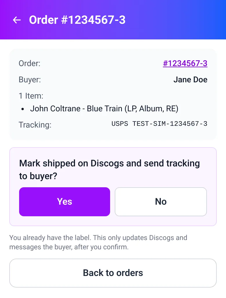 Order screen asking: Mark shipped on Discogs and send tracking to buyer? with Yes and No buttons