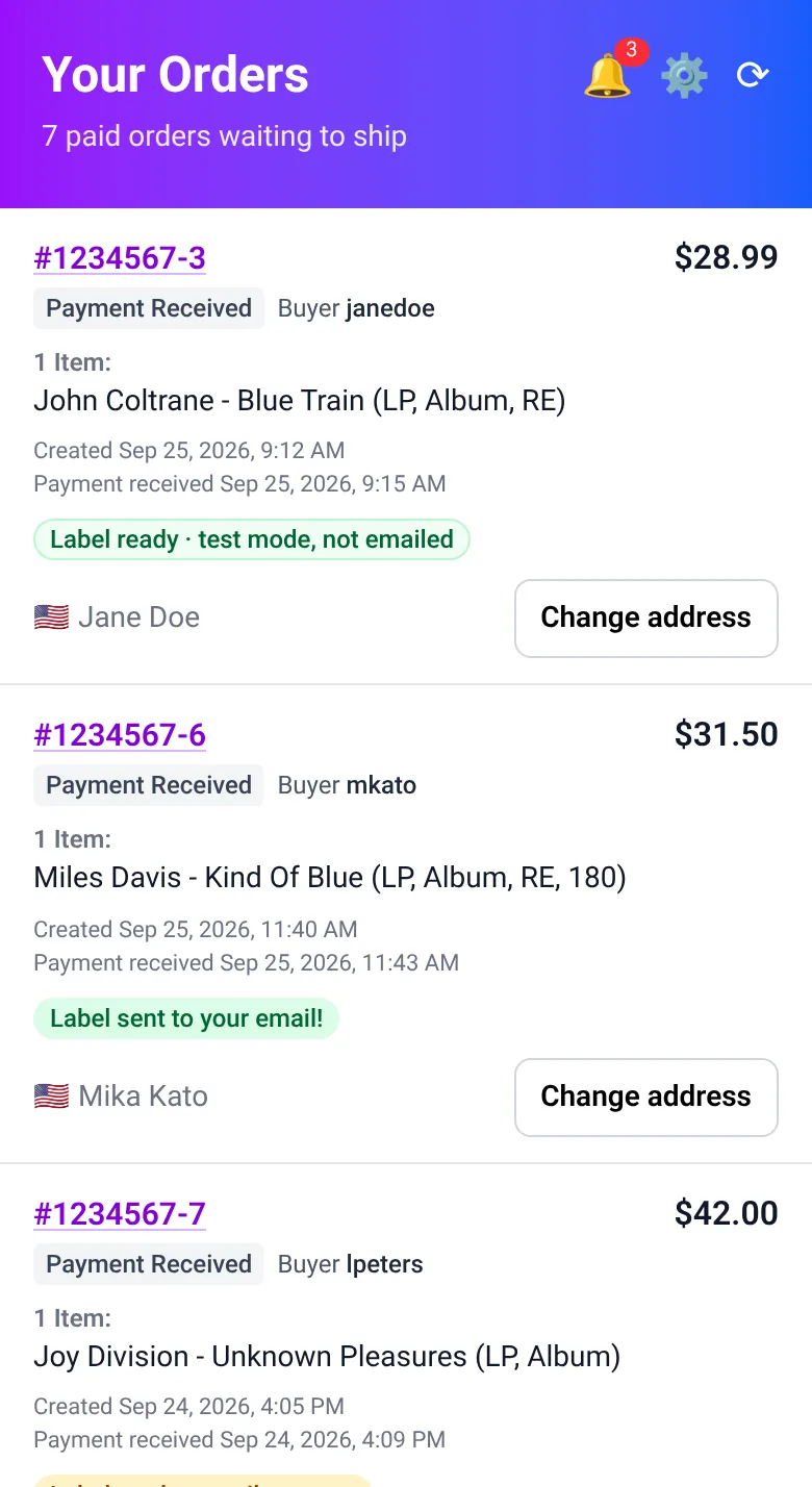 LabelNow order list showing paid orders with Label ready and Label sent to your email badges